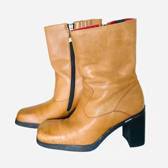 TOMMY HILFIGER Women’s Tan Vintage 90s Leather Platform Boots Square Toe Sz 8.5M - Picture 2 of 11